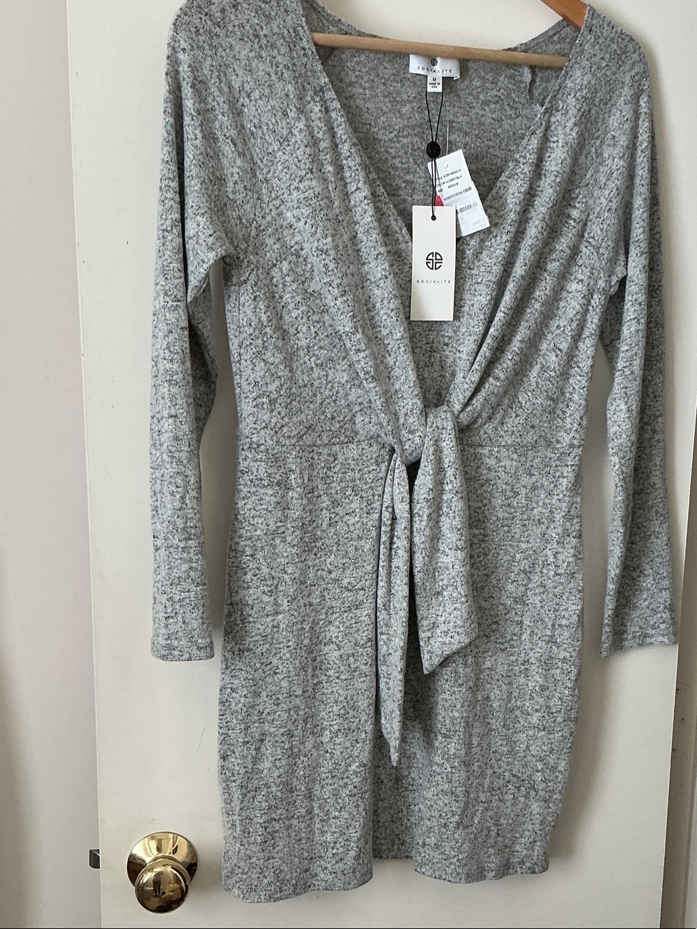 Socialite Light Heather Gray Long-Sleeve Tie-Front Knit Dress
